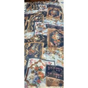 2chic‎ Silk Scarf Floral Print Blue Brown Gold romantic Victorian whimsical
